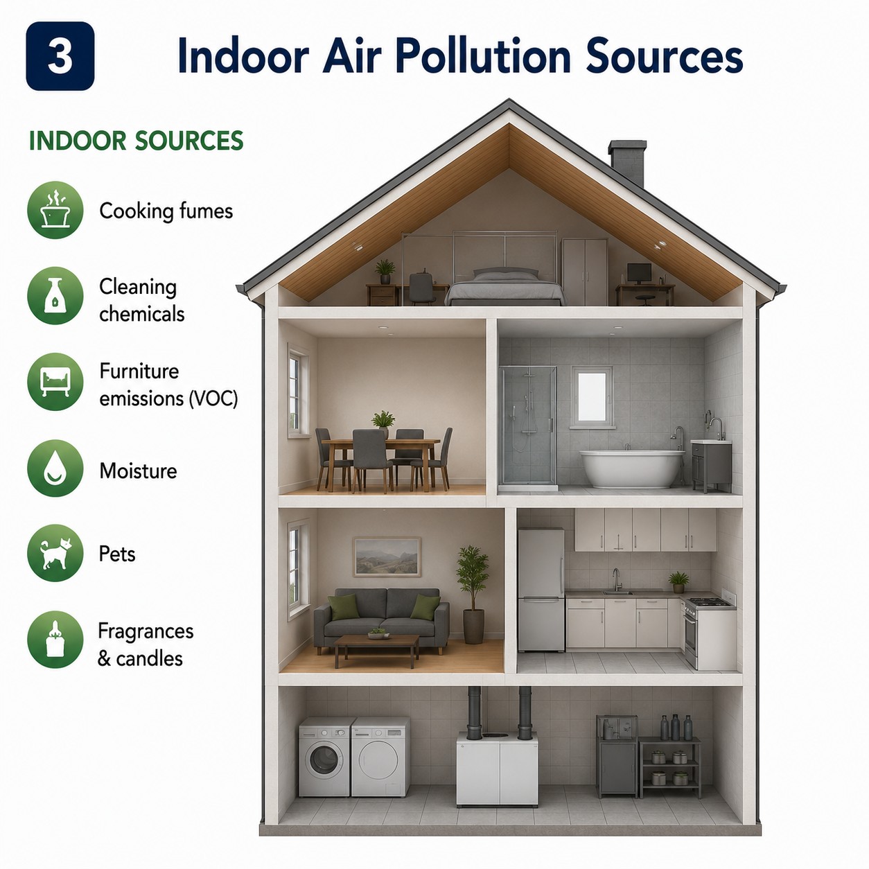 Cross-section of a residential building showing common indoor air pollution sources including cooking fumes, cleaning chemicals, furniture emissions, moisture, pets and fragrances.