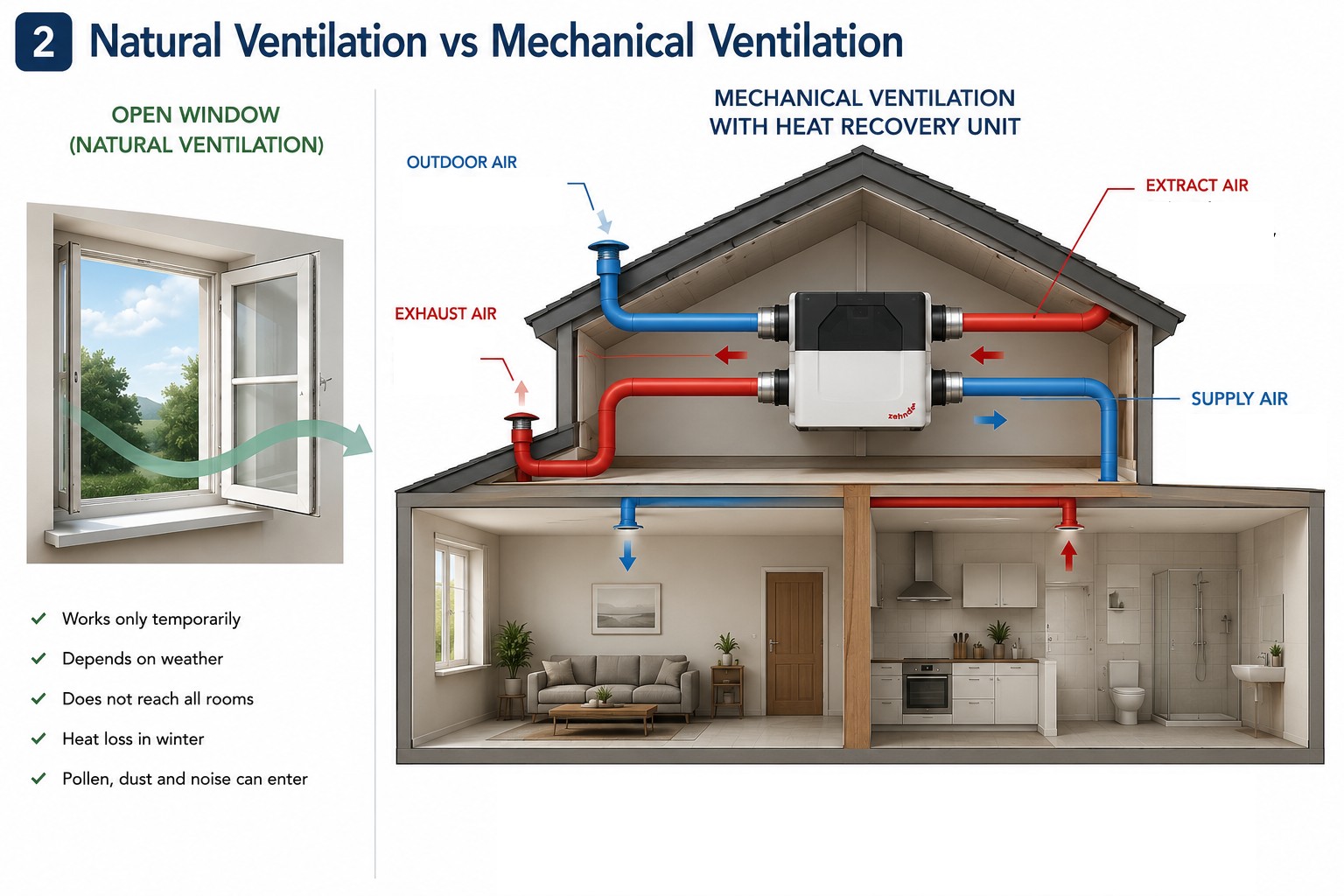 Comparison between window ventilation and a mechanical ventilation system with heat recovery providing continuous fresh air throughout the home.
