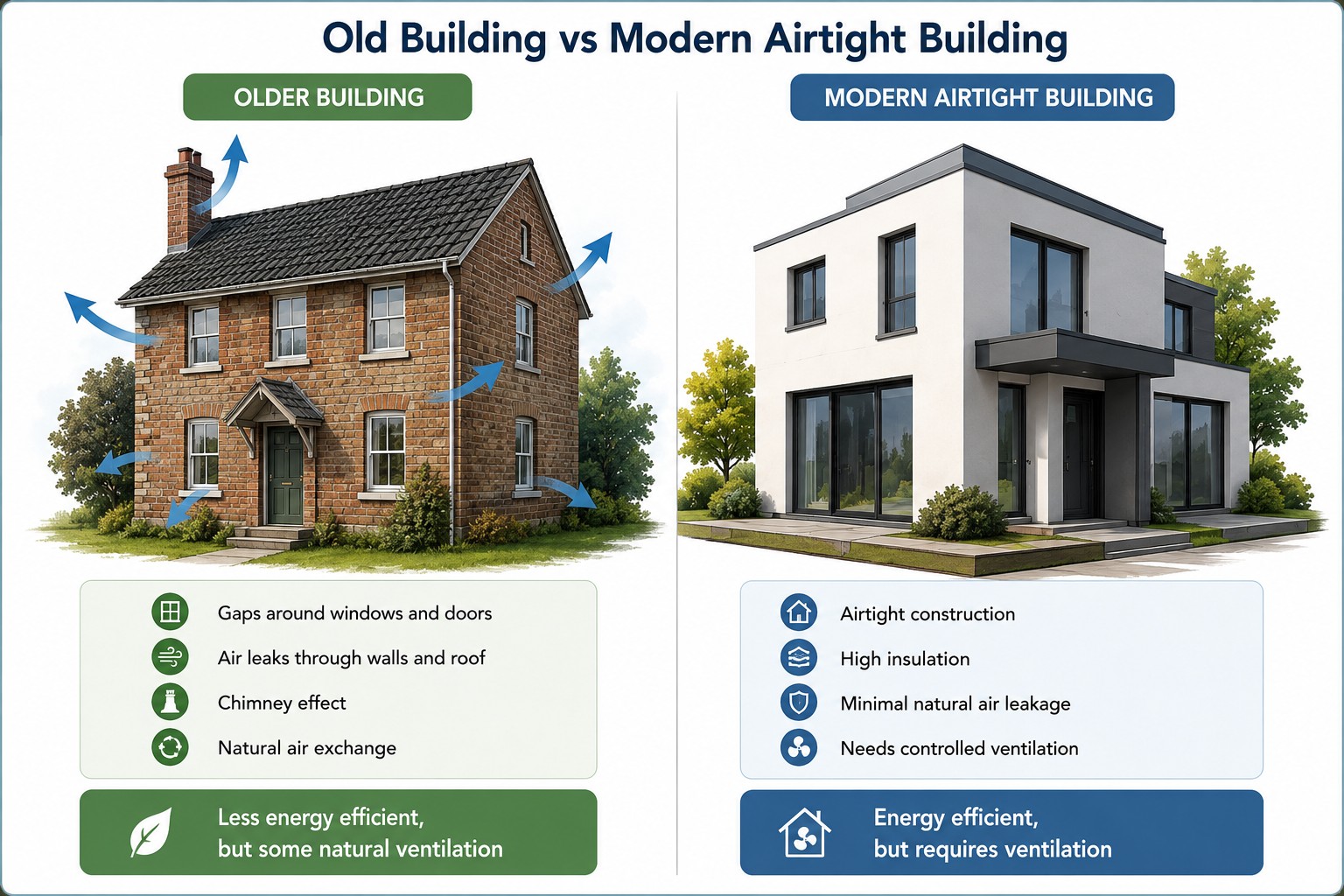 Comparison between a traditional building with natural air leakage through windows, doors and chimneys and a modern airtight home that requires controlled ventilation.