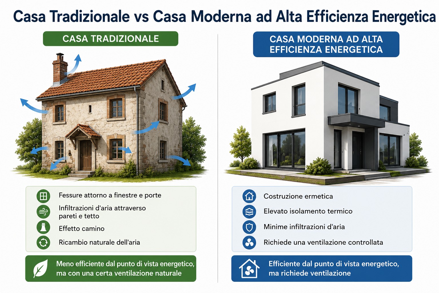 Confronto tra una casa tradizionale con infiltrazioni naturali d'aria e una casa moderna ad alta efficienza energetica che richiede una ventilazione controllata.