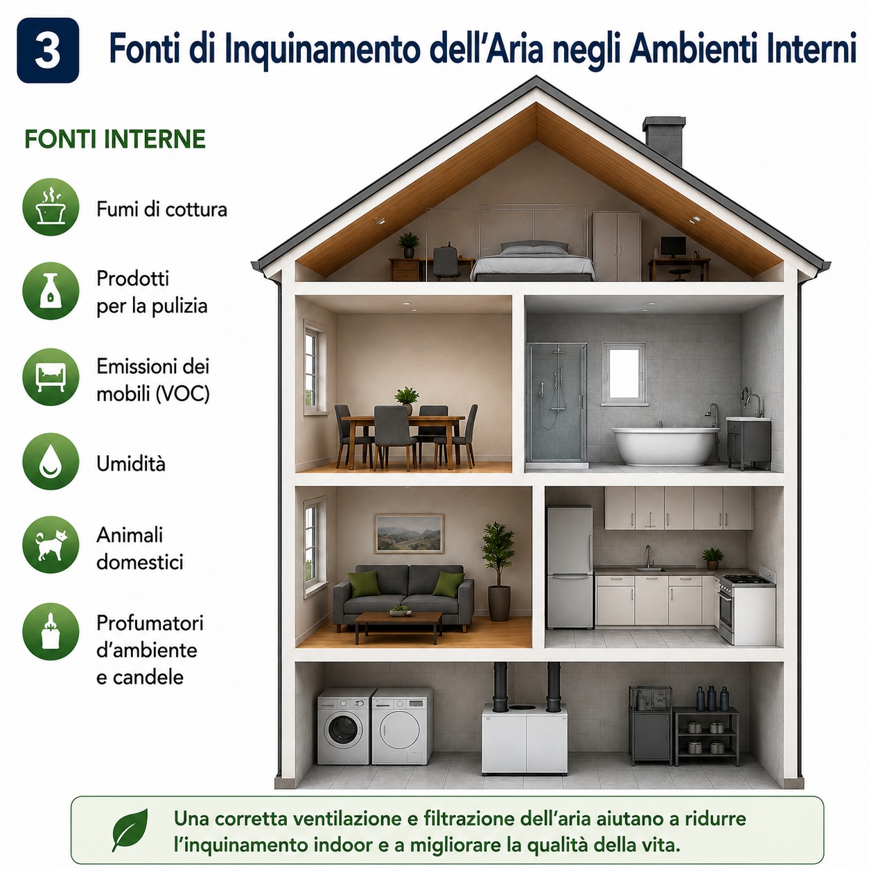 Schema di una casa che mostra le principali fonti di inquinamento indoor, tra cui fumi di cottura, prodotti per la pulizia, emissioni dei mobili, umidità, animali domestici e profumatori.