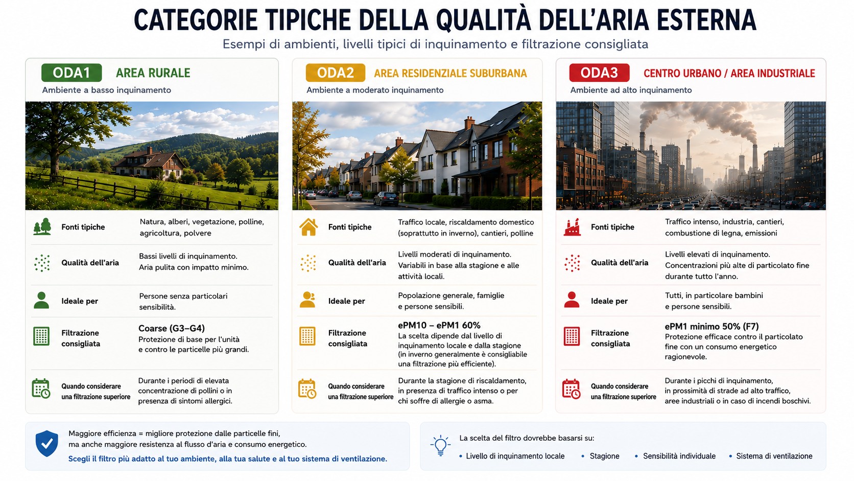 Confronto tra ambiente rurale ODA1, area residenziale suburbana ODA2 e ambiente urbano o industriale ODA3 con sorgenti di inquinamento e classi di filtrazione consigliate.