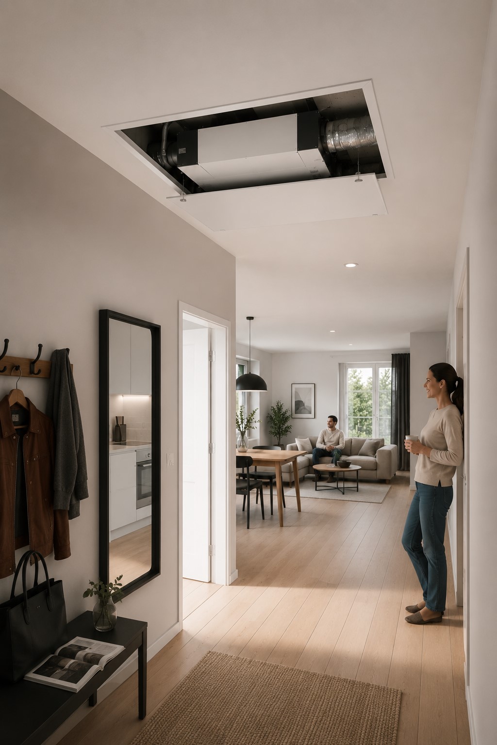 Ceiling mounted ventilation unit installed in a residential suspended ceiling