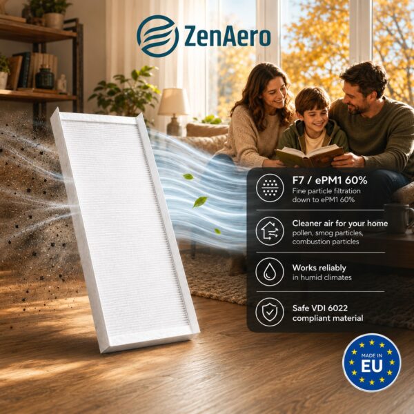 Vantaggi del filtro F7 ZenAero – aria più pulita in casa Family sits on the floor reading with a smiling father and mother beside a child as a ZenAero air purifier vents clean air across the room; logo visible at top and EU badge at bottom right.