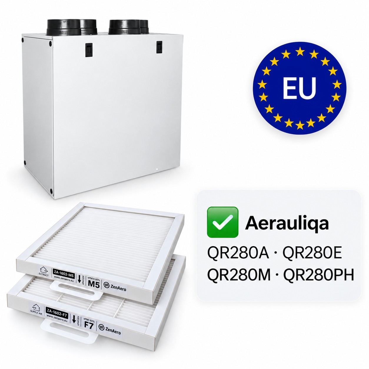 Ejemplo para Aerauliqa QR280A / QR280E / QR280M / QR280PH: juego compatible ZenAero F7 + M5, 250 × 183 × 21 mm. Los filtros QR180/QR230E tienen otras dimensiones; comprueba tu modelo en la tabla.