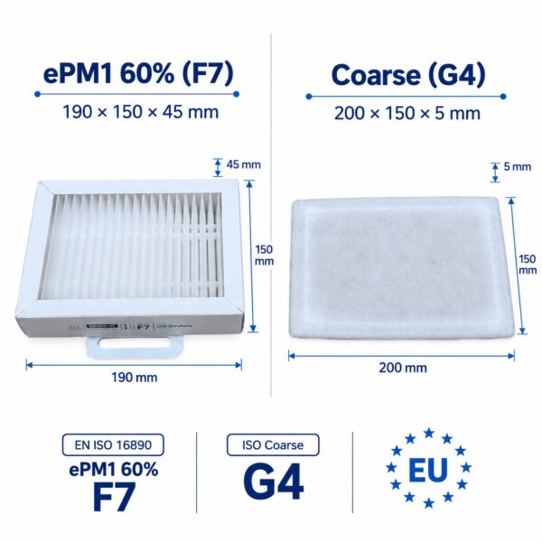 Dimensioni filtri Aldes InspirAIR SC 150 F7 + G4 – F7 150 × 190 × 45 mm, G4 150 × 200 mm
