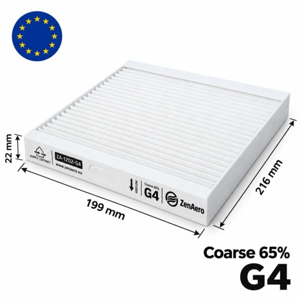 Schema con dimensioni dei filtri G4 216x199x22 mm per Brofer RDCD25SK