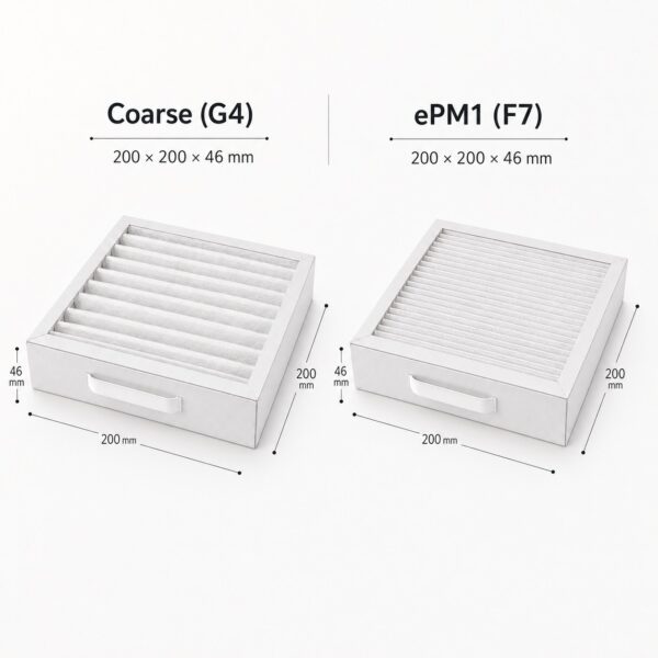 Dimensioni dei filtri F7 e G4 per Aerauliqa QR180: 200 × 200 × 46 mm