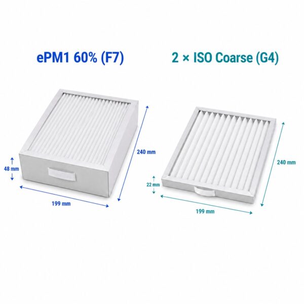 Dimensioni dei filtri compatibili con Brofer RDCD40SK e RDCD50SK: F7 240 × 199 × 48 mm e 2 filtri G4 240 × 199 × 22 mm