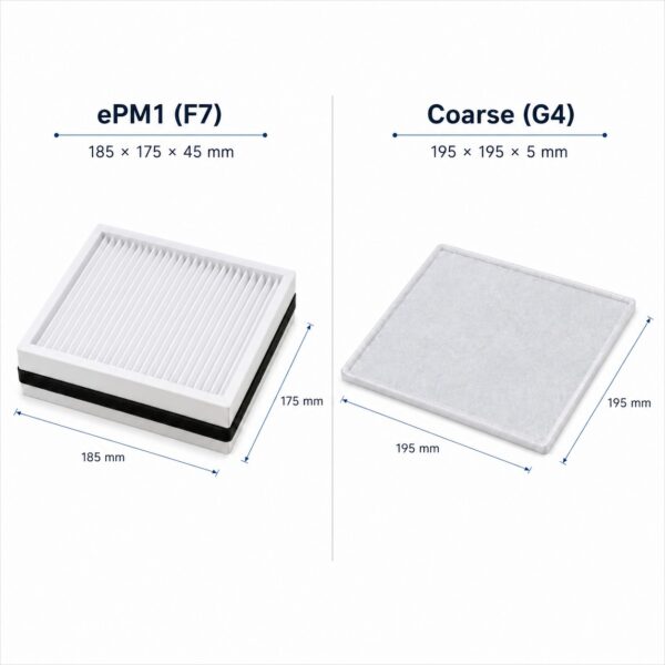 Dimensioni dei filtri per Aldes InspirAIR SC 240: filtro F7 185 × 175 × 45 mm e filtro G4 con telaio metallico 195 × 195 mm