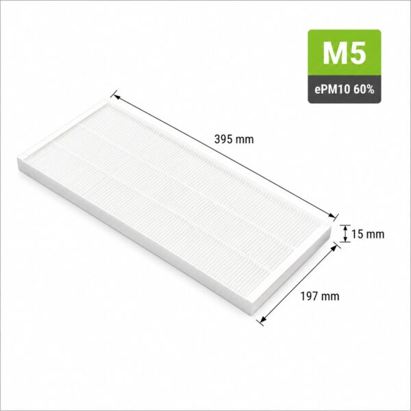 Dimensioni dei filtri per Vortice VORT 350 AVEL e VORT 550 AVEL: filtro F7 398 × 198 × 15 mm e filtro M5 395 × 197 × 15 mm