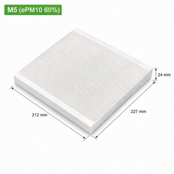 Dimensioni dei filtri M5 per Vortice HRI 200 FLAT e HRI 200 PHANTOM: 227 × 212 × 24 mm