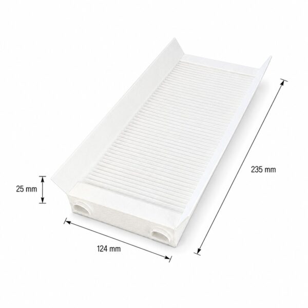 Filtermaße für Zehnder ComfoAir 180 und Wernig G90-180, Breite 124 mm, Länge 235 mm, Höhe 25 mm