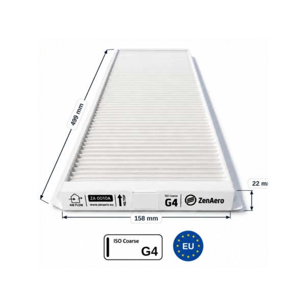 Dimensioni filtri Zehnder ComfoAir Q 350 / 450 / 600 G4 + G4 – 499 × 158 × 22 mm