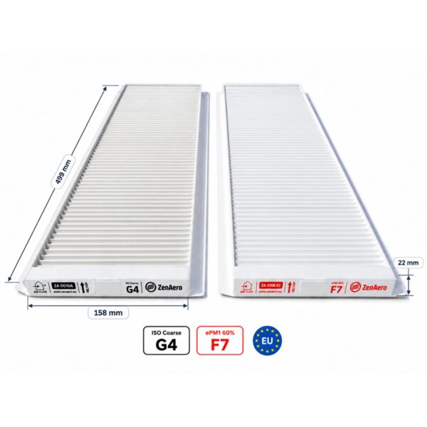 Dimensioni filtri Zehnder ComfoAir Q 350 / 450 / 600 F7 + G4 – 499 × 158 × 22 mm