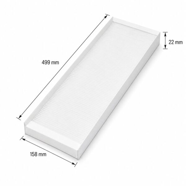 zehnder-comfoair-q-f7-g4-filter-dimensions-499x158x22-mm White rectangular pleated air filter photographed at an angle with dimensions: 499 mm long, 158 mm wide, 22 mm thick.