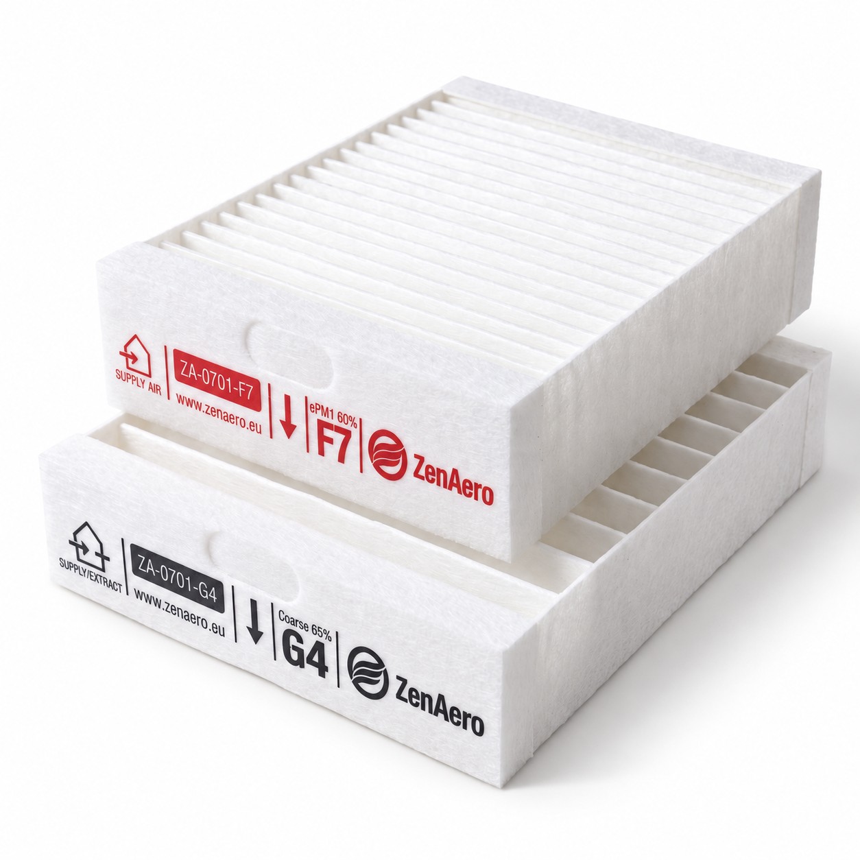 Ejemplo del catálogo: juego compatible ZenAero F7 + G4 para Siber DF EVO, 139 × 175 × 48 mm. La imagen muestra F7 y G4; no es una comparación fotográfica F7/F9.