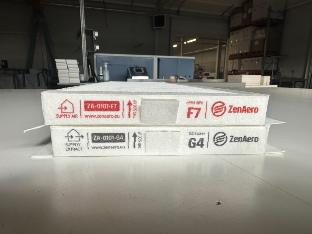 ZenAero F7 and G4 filters for Zehnder ComfoAir Q 350, 450 and 600 showing This Side Up markings