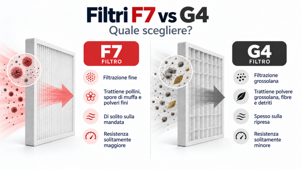 Confronto tra filtri F7 e G4 per VMC: filtrazione, posizione tipica e resistenza al passaggio dell’aria