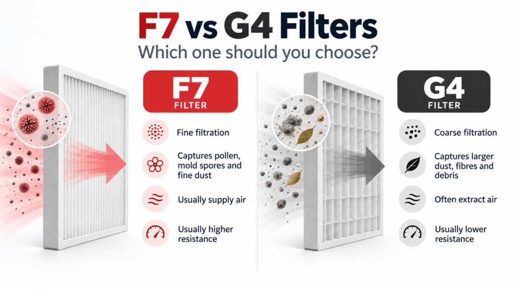F7 vs G4 ventilation filter comparison showing filtration, typical position and resistance