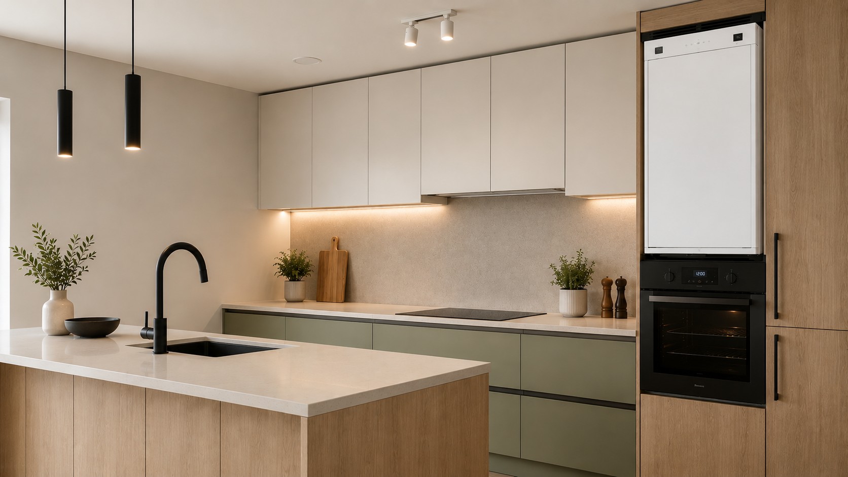 Unidad MVHR residencial integrada en los muebles de cocina.