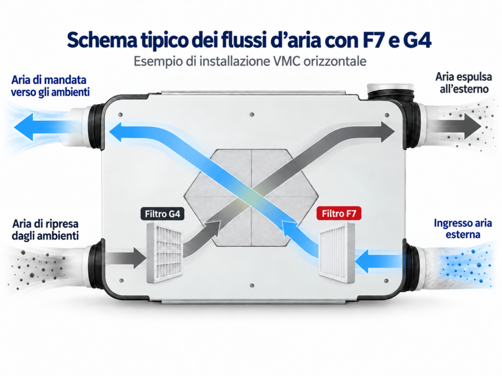 Schema tipico dei flussi d’aria con filtri F7 e G4 in un’installazione VMC orizzontale