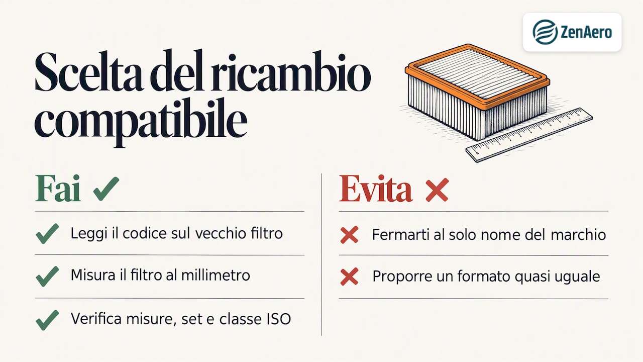 Schema illustrativo dei controlli: codice, misure e classe del filtro