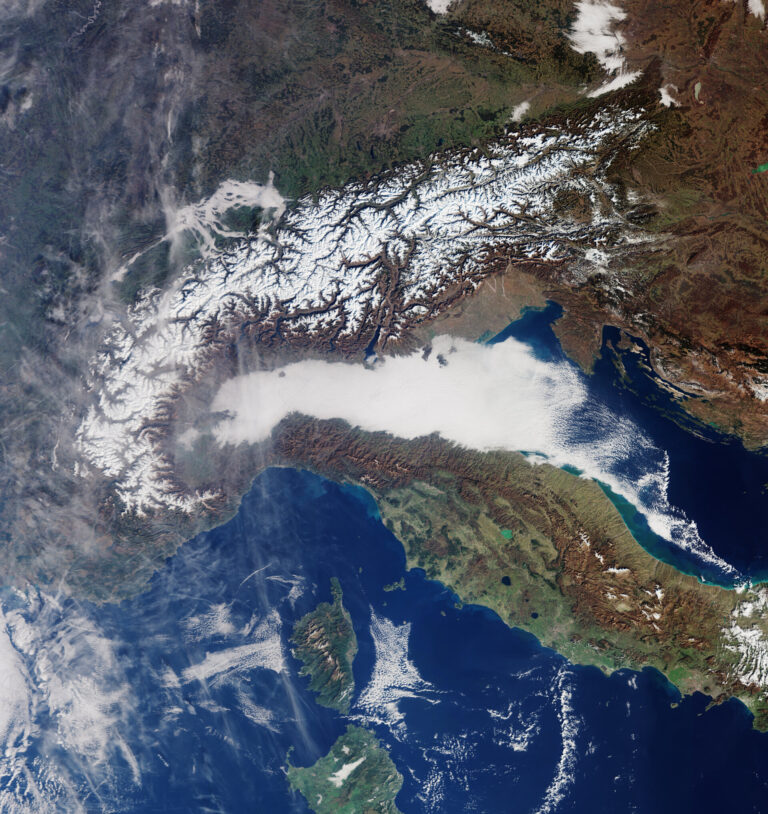 Satellite image showing mist and smog across the Po Valley in Northern Italy on 29 January 2024